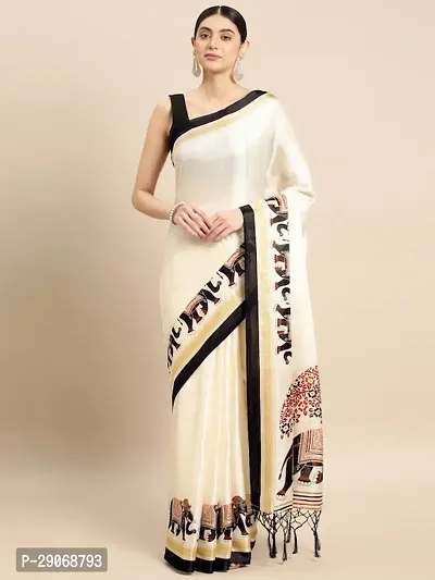 Stylish Chanderi Silk Cream Printed Saree With Blouse Piece For Women-thumb0