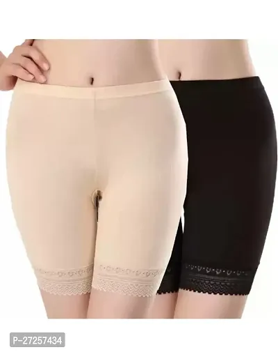 Women Cotton Blend Stretchable Under Skirt Short women skiny Shorts Tights shorts 4 Way Stretchable Fabric pack of 2 color beige/Black-thumb0