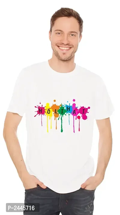 White Polyester Unisex Half Sleeve Printed Holi Special T-Shirt