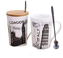 Crazy Sutra Printed Ceramic Coffee Mug with Lid & Spoon (White, Random Print)-thumb2