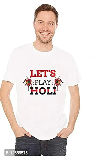Mens Polyester Half Sleeve Casual Printed Lets Play Holi Special T-Shirt (White Color)-thumb0