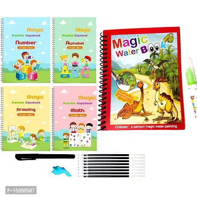 Magical Combo-Magic Practice Writing Copy Book set of 4+1 Magic Water coloring book Tracing Book for Preschoolers,Alphabet Tracing,English Writing Practice,Drawing Pad Colorful Images Book Kids 4
