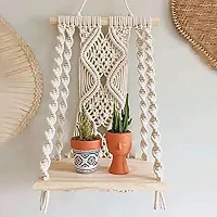 Macrame Wall Hanging Shelf, Decorative Handmade Floating Wooden Shelve, Hand Woven Items for Living Room Bed Room, Gift Item Kitchen, Size 12 x 5 x 24 Inch,Off White,-thumb1