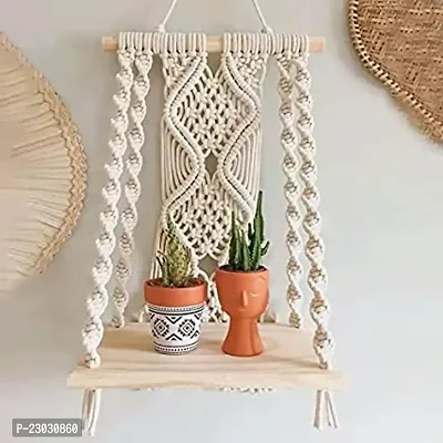 Macrame Wall Hanging Shelf, Decorative Handmade Floating Wooden Shelve, Hand Woven Items for Living Room Bed Room, Gift Item Kitchen, Size 12 x 5 x 24 Inch,Off White,-thumb2