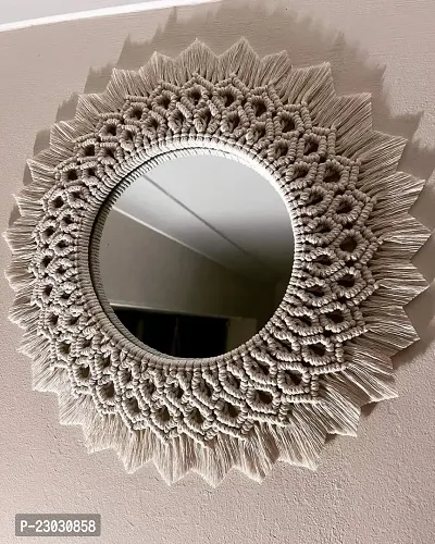 Handmade Cotton Macrame Wall Hanging Mirror with Boho Fringes, Bohemian Art Decorative Aina for Make-Up, Dressing, Living Room, Bedroom, Off-White, Dia 18 Inches