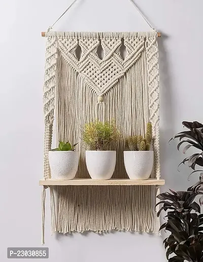 Macrame Wall Hanging Shelf, Decorative Handmade Floating Wooden Shelve, Hand Woven Items for Living Room Bed Room, Gift Item Kitchen, Size 12 x 5 x 24 Inch,Off White-thumb2