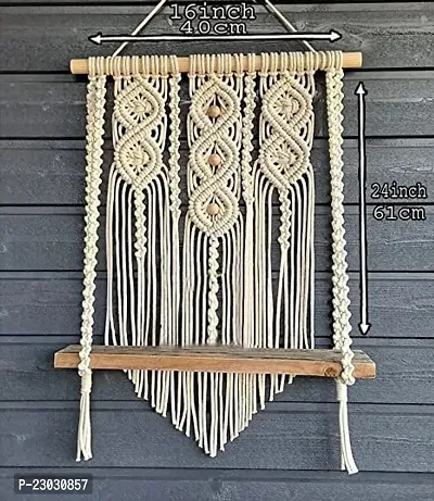 Macrame Wall Hanging Shelf, Decorative Handmade Floating Wooden Shelve, Hand Woven Items for Living Room Bed Room, Gift Item Kitchen, Size 12 x 5 x 24 Inch,Off White-thumb2
