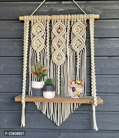 Macrame Wall Hanging Shelf, Decorative Handmade Floating Wooden Shelve, Hand Woven Items for Living Room Bed Room, Gift Item Kitchen, Size 12 x 5 x 24 Inch,Off White-thumb0