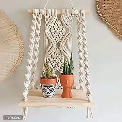 Macrame Wall Hanging Shelf, Decorative Handmade Floating Wooden Shelve, Hand Woven Items for Living Room Bed Room, Gift Item Kitchen, Size 12 x 5 x 24 Inch,Off White,