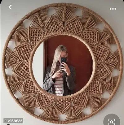 Handmade Cotton Macrame Wall Hanging Mirror with Boho Fringes, Bohemian Art Decorative Aina for Make-Up, Dressing, Living Room, Bedroom, Off-Gold, Dia 17 Inches