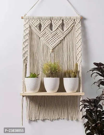 Macrame Wall Hanging Shelf, Decorative Handmade Floating Wooden Shelve, Hand Woven Items for Living Room Bed Room, Gift Item Kitchen, Size 12 x 5 x 24 Inch,Off White-thumb3