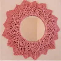 Handmade Cotton Macrame Wall Hanging Mirror with Boho Fringes, Bohemian Art Decorative Aina for Make-Up, Dressing, Living Room, Bedroom, Pink, Dia 17 Inches-thumb1
