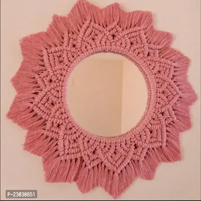 Handmade Cotton Macrame Wall Hanging Mirror with Boho Fringes, Bohemian Art Decorative Aina for Make-Up, Dressing, Living Room, Bedroom, Pink, Dia 17 Inches-thumb2