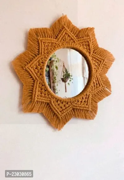 Handmade Cotton Macrame Wall Hanging Mirror with Boho Fringes, Bohemian Art Decorative Aina for Make-Up, Dressing, Living Room, Bedroom