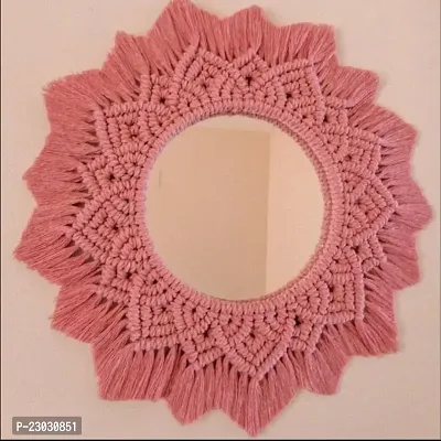Handmade Cotton Macrame Wall Hanging Mirror with Boho Fringes, Bohemian Art Decorative Aina for Make-Up, Dressing, Living Room, Bedroom, Pink, Dia 17 Inches-thumb0