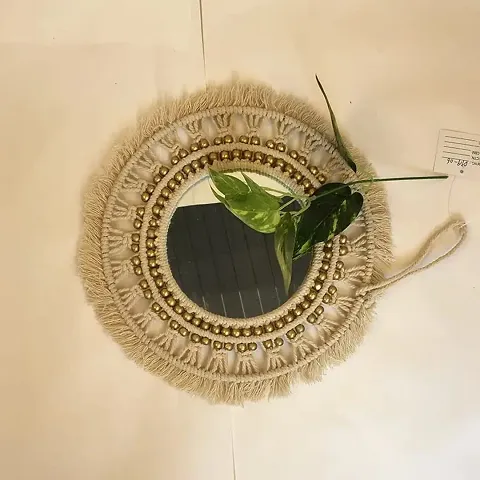 Handmade Cotton Macrame Wall Hanging Mirror with Boho Fringes, Bohemian Art Decorative Aina for Make-Up, Dressing, Living Room, Bedroom