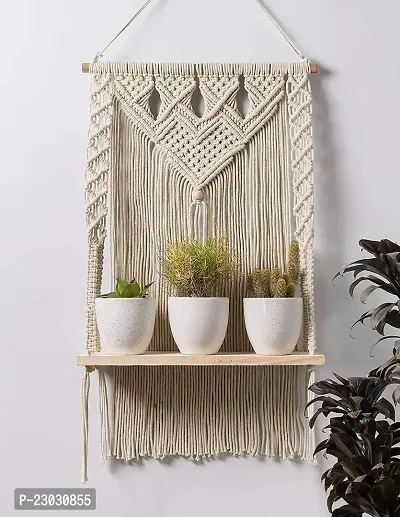 Macrame Wall Hanging Shelf, Decorative Handmade Floating Wooden Shelve, Hand Woven Items for Living Room Bed Room, Gift Item Kitchen, Size 12 x 5 x 24 Inch,Off White