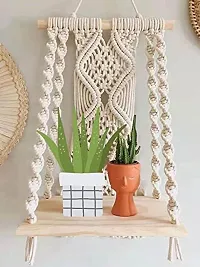 Macrame Wall Hanging Shelf, Decorative Handmade Floating Wooden Shelve, Hand Woven Items for Living Room Bed Room, Gift Item Kitchen, Size 12 x 5 x 24 Inch,Off White,-thumb2