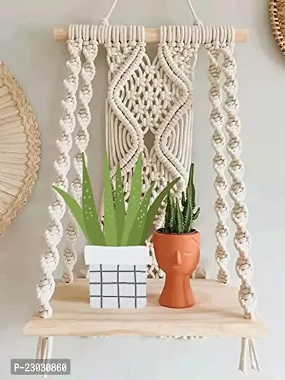 Macrame Wall Hanging Shelf, Decorative Handmade Floating Wooden Shelve, Hand Woven Items for Living Room Bed Room, Gift Item Kitchen, Size 12 x 5 x 24 Inch,Off White,-thumb3