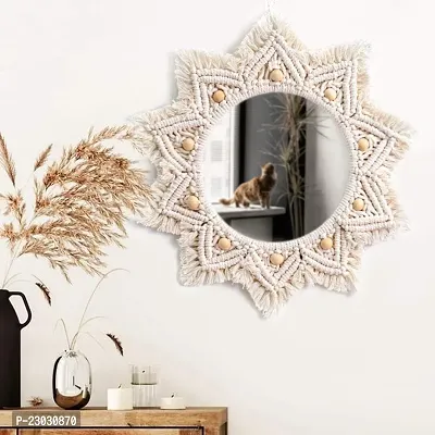 Handmade Cotton Macrame Wall Hanging Mirror with Boho Fringes, Bohemian Art Decorative Aina for Make-Up, Dressing, Living Room, Bedroom, Off-White