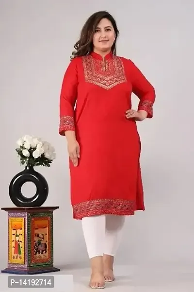 Stylish Viscose Rayon Red Foil Print Mandarin Collar 3/4 Sleeves Kurta For Women