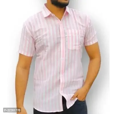 Stylish Pink Khadi Cotton Striped Short Sleeves Shirt For Men-thumb0