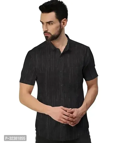 Stylish Black Khadi Cotton Solid Short Sleeves Shirt For Men-thumb0