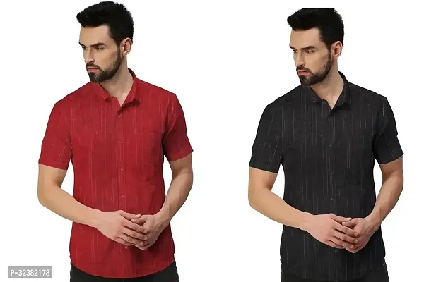 Stylish Multicoloured Khadi Cotton Solid Short Sleeves Shirt For Men Pack of 2-thumb0