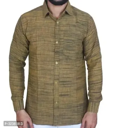 Stylish Khaki Khadi Cotton Solid Long Sleeves Shirt For Men-thumb0