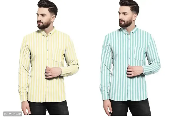 Stylish Multicoloured Khadi Cotton Striped Long Sleeves Shirt For Men Pack of 2-thumb0