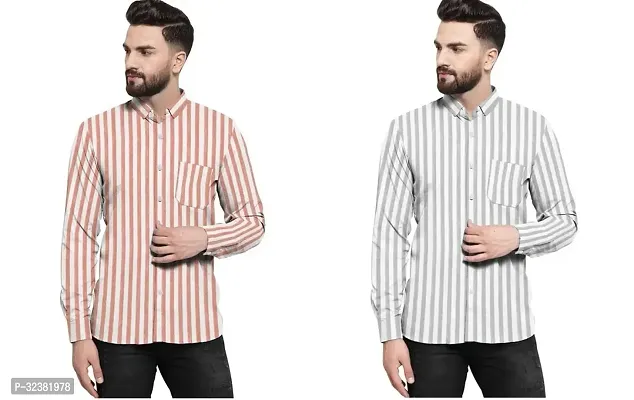 Stylish Multicoloured Khadi Cotton Striped Long Sleeves Shirt For Men Pack of 2