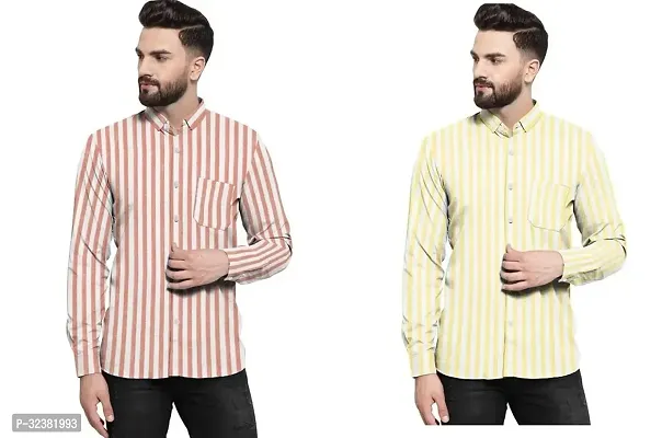 Stylish Multicoloured Khadi Cotton Striped Long Sleeves Shirt For Men Pack of 2-thumb0