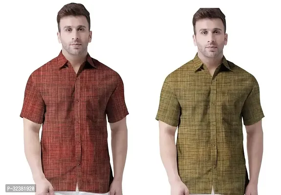 Stylish Multicoloured Khadi Cotton Solid Short Sleeves Shirt For Men Pack of 2-thumb0