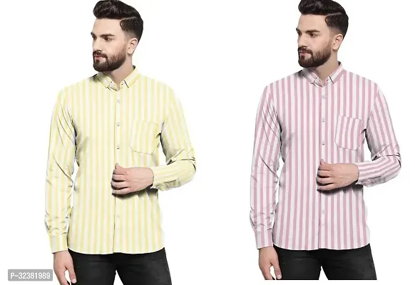 Stylish Multicoloured Khadi Cotton Striped Long Sleeves Shirt For Men Pack of 2-thumb0