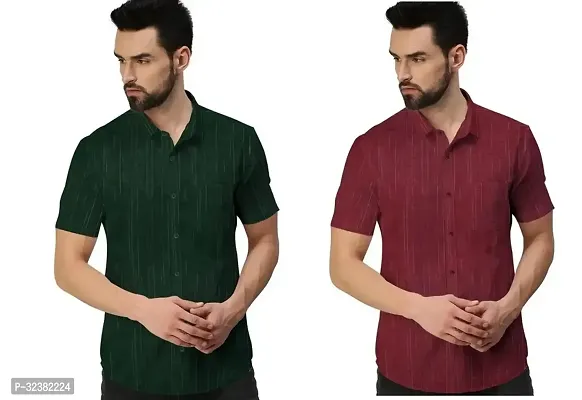 Stylish Multicoloured Khadi Cotton Solid Short Sleeves Shirt For Men Pack of 2-thumb0