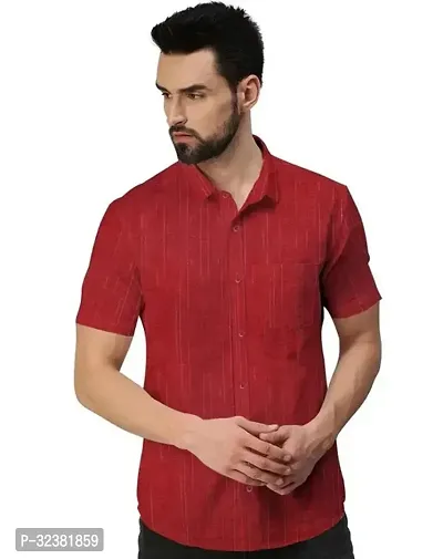 Stylish Red Khadi Cotton Solid Short Sleeves Shirt For Men-thumb0