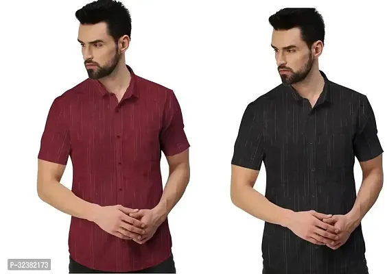 Stylish Multicoloured Khadi Cotton Solid Short Sleeves Shirt For Men Pack of 2-thumb0