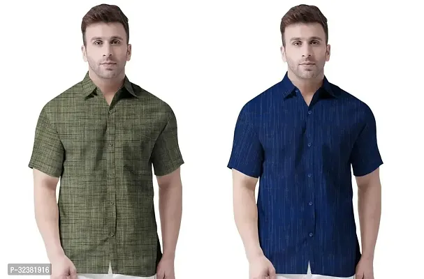 Stylish Multicoloured Khadi Cotton Solid Short Sleeves Shirt For Men Pack of 2-thumb0