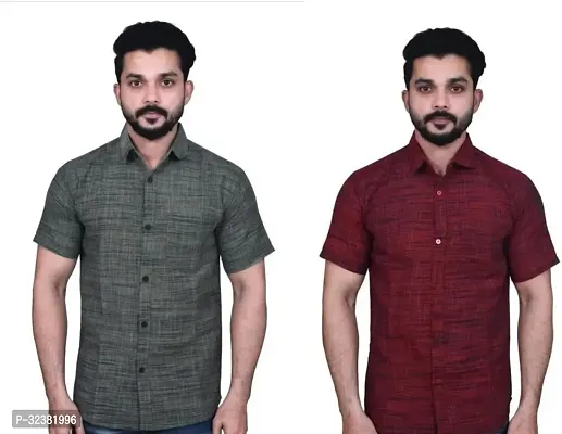 Stylish Multicoloured Khadi Cotton Solid Short Sleeves Shirt For Men Pack of 2