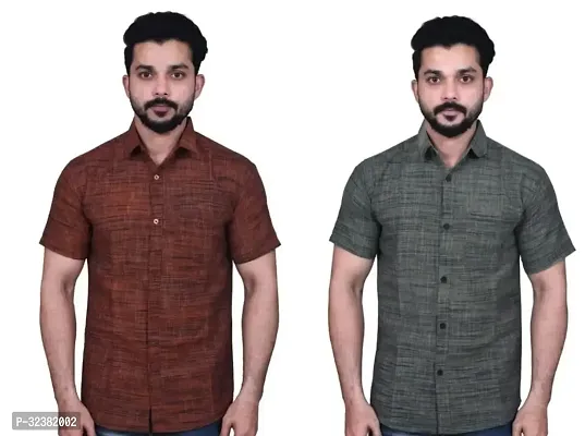 Stylish Multicoloured Khadi Cotton Solid Short Sleeves Shirt For Men Pack of 2-thumb0