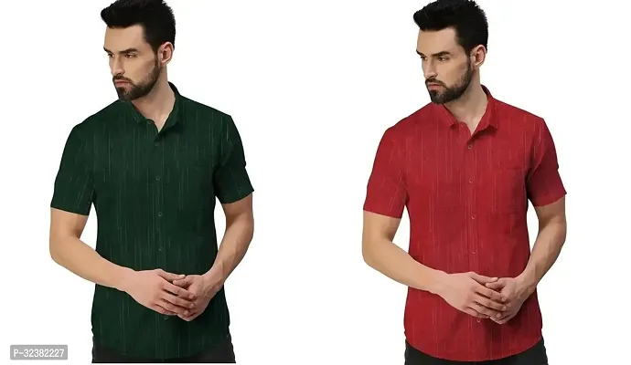 Stylish Multicoloured Khadi Cotton Solid Short Sleeves Shirt For Men Pack of 2-thumb0