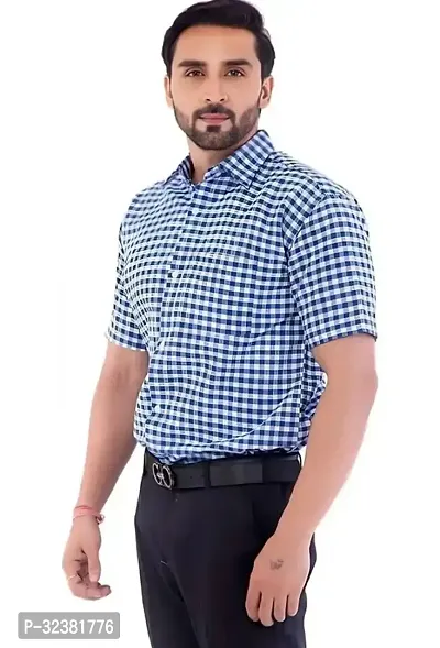 Stylish Blue Khadi Cotton Checked Short Sleeves Shirt For Men-thumb0