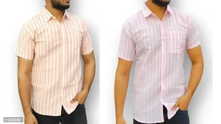 Stylish Multicoloured Khadi Cotton Striped Short Sleeves Shirt For Men Pack of 2-thumb0