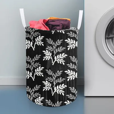 Stylish Polyester Foldable Laundry Bag Laundry Basket Organizer With Handle For Dirty  Clothes - Leaf Black