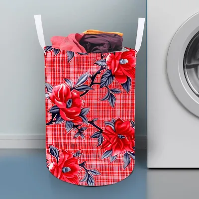 Stylish Polyester Foldable Laundry Bag Laundry Basket Organizer With Handle For Dirty  Clothes - Floral Red
