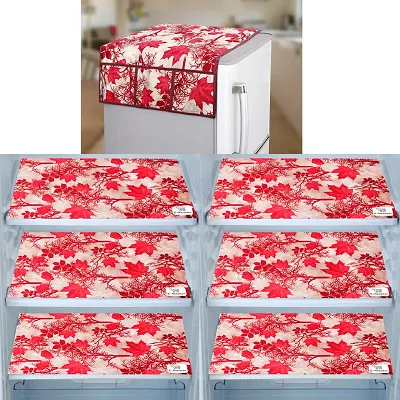Designer Polyester 3-Layered Refrigerator Top Cover With Utility Pockets And 6 Pieces Refrigerator Mats