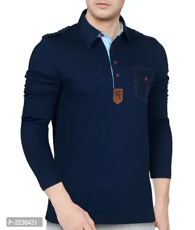 Seven Rocks Navy Blue Cotton Blend Solid Polos-thumb0