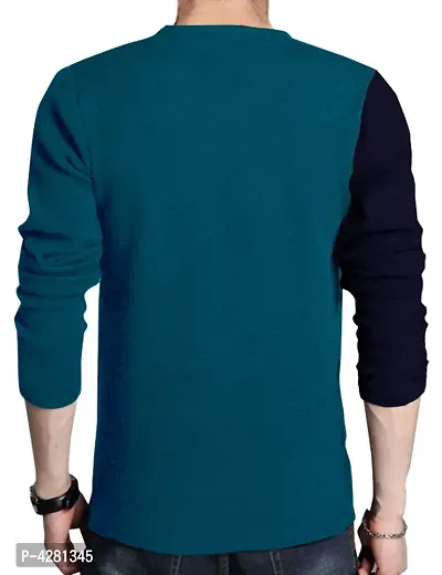 Men's Navy Blue Cotton Colourblocked Round Neck Tees-thumb3