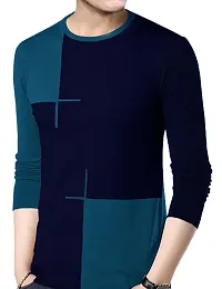 Men's Navy Blue Cotton Colourblocked Round Neck Tees-thumb1