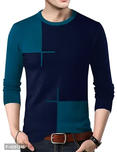 Men's Navy Blue Cotton Colourblocked Round Neck Tees-thumb0